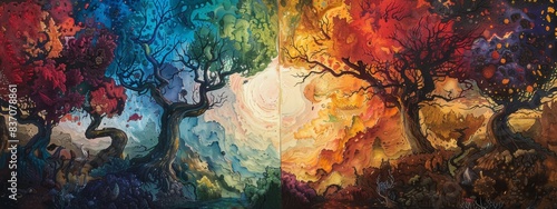 Depict the cyclical rhythm of seasons in an abstract landscape.