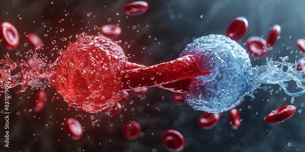Dynamic 3D illustration of red and blue blood cells interacting, symbolizing a scientific concept with fluid and molecular elements. Dynamic 3D illustration of red and blue blood cells interacting, symbolizing a scientific concept with fluid and molecular elements.