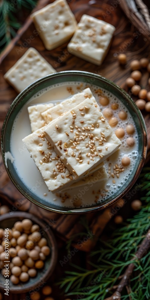 Top view of a bowl with soy milk and tofu blocks, garnished with sesame seeds, surrounded by soybeans and crackers. Top view of a bowl with soy milk and tofu blocks, garnished with sesame seeds, surrounded by soybeans and crackers.