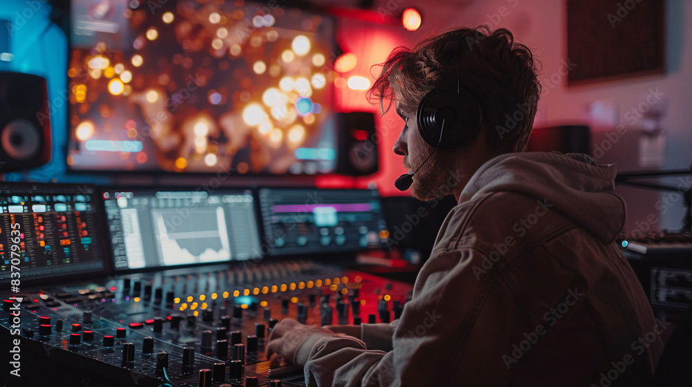Side view of a sound technician working in a studio Side view of a sound technician working in a studio