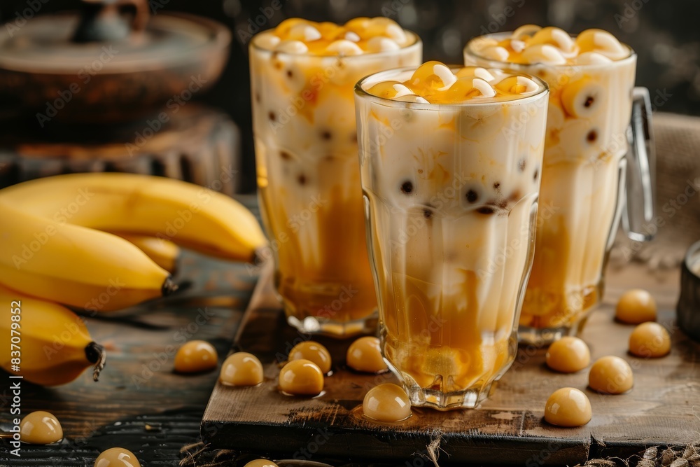 Banana bubble tea in glass Banana bubble tea in glass