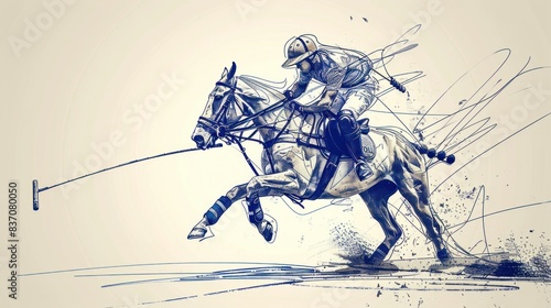 Vector illustration of a polo horse riding player in action, depicted with a single continuous line drawing.