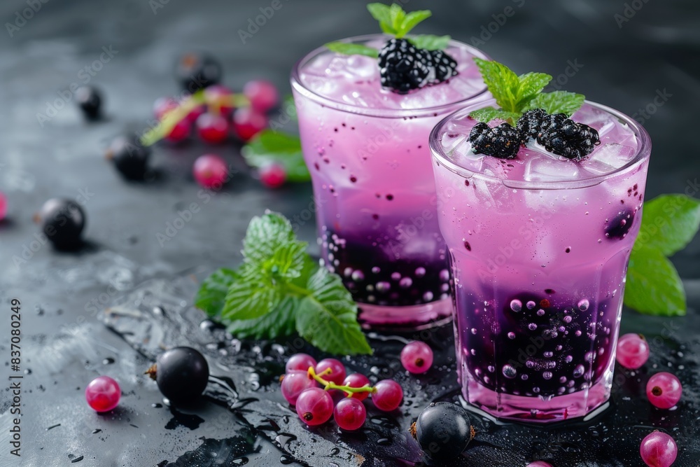 Black currant ice bubble tea in glass Black currant ice bubble tea in glass