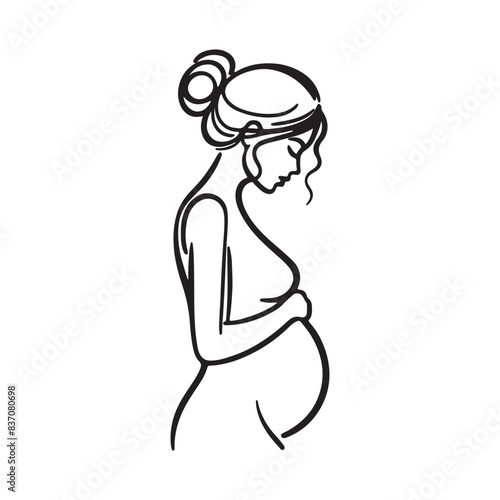 Continuous line drawing of pregnant woman. International mother's day minimalist design hand drawn line art isolated on white background. Happy Mother's Day theme. Line art pregnant woman, 