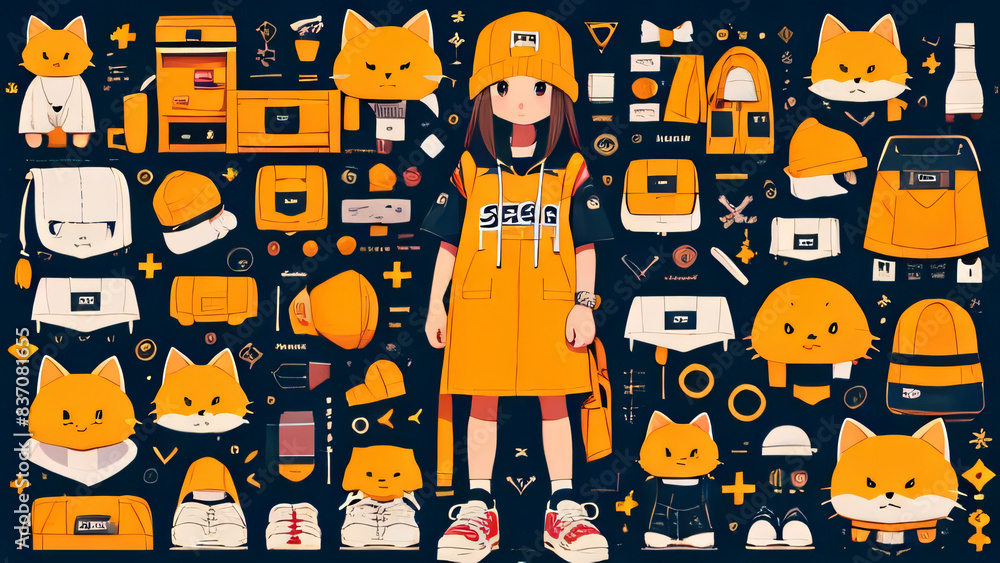 Anime girl is standing in front of a wall of various items. Cute chibi cat pattern style. Anime girl is standing in front of a wall of various items. Cute chibi cat pattern style.