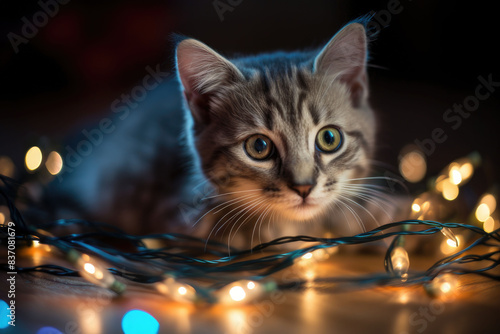 a kitten with blue eyes sitting on some christmas decorations © OLGA