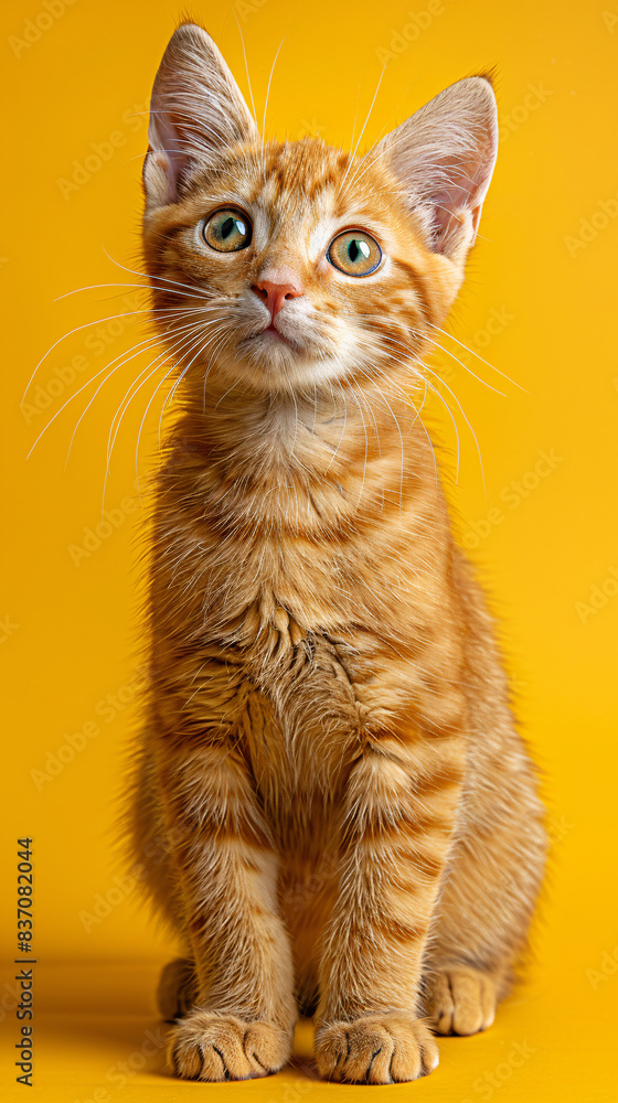 A cute red cat sitting in front of a yellow background A cute red cat sitting in front of a yellow background