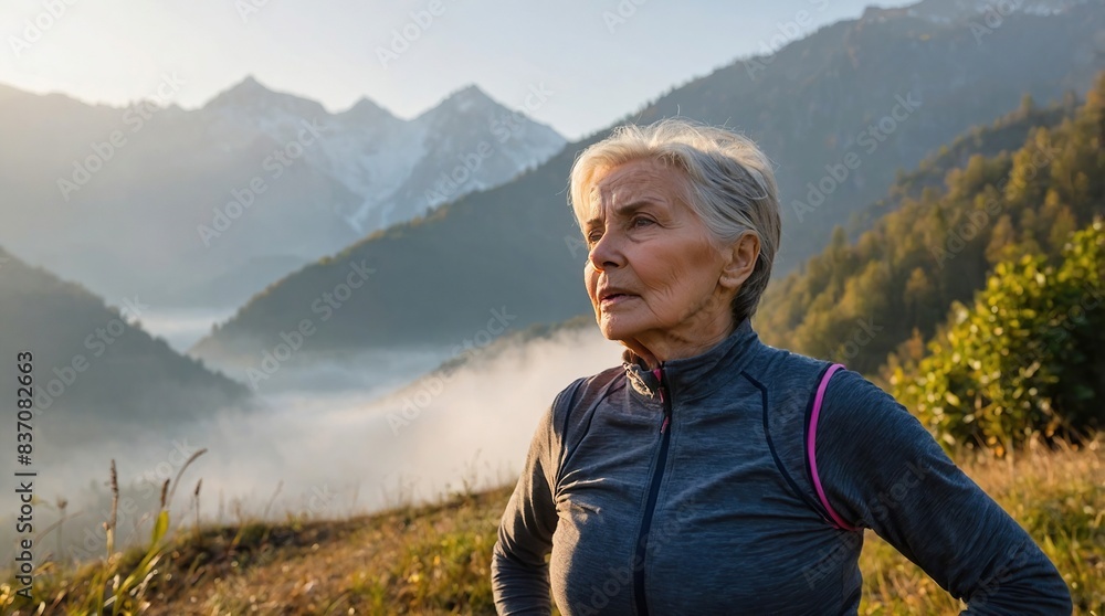 Senior woman doing breathing exercise in nature on early morning with fog and mountains in background Senior woman doing breathing exercise in nature on early morning with fog and mountains in background