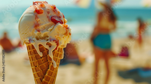 Close-up of melting ice cream cone with strawberry sauce on a sunny beach