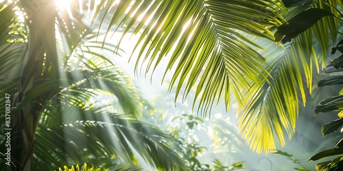 Palm leaves with sunlight in the morning. Tropical nature background.