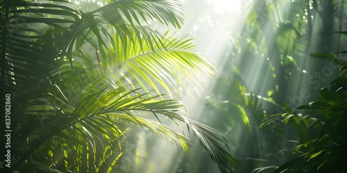 Palm leaves with sunlight in the morning. Tropical nature background.