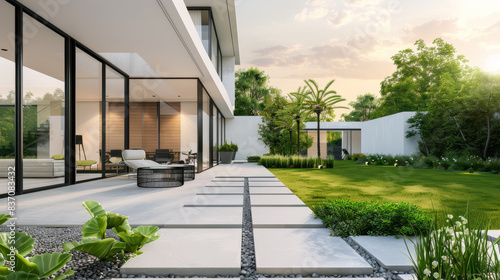 Stylish garden with green lawn, modern furniture, geometric pathways, and contemporary plants.