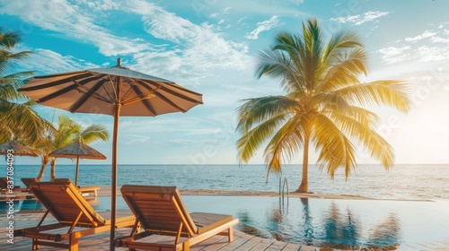 Luxury beach resort hotel swimming pool and palm trees on sunny summer island seaside