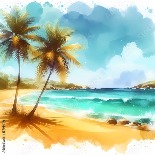 Watercolor illustration with palm trees  beach and ocean. Summer travel vacation.