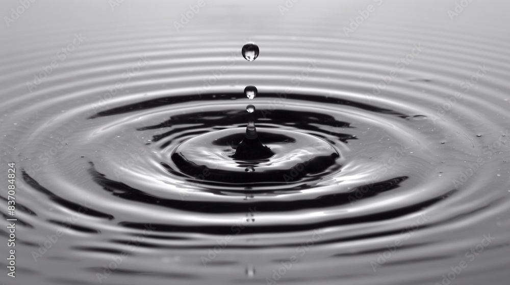 Black and white image, drops falling on the surface of water and forming circles on water Black and white image, drops falling on the surface of water and forming circles on water