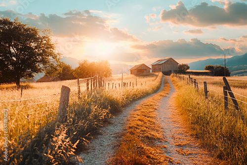 Wallpaper Mural Sunset serenity in rural landscape during the fall. Golden grass field with farmhouse and a ban during golden hour. Torontodigital.ca