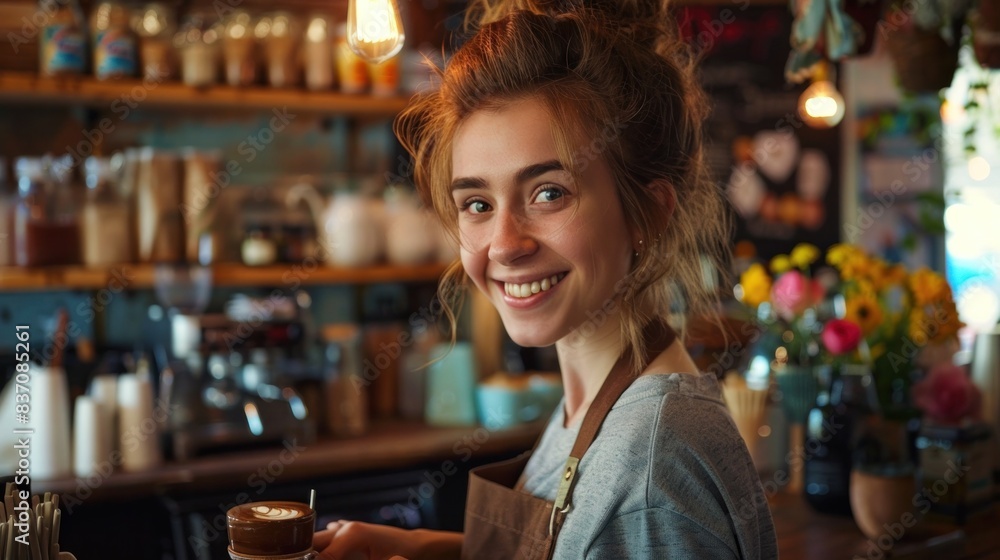 Smiling Barista Pouring Chocolate Design in Stylish Caf
