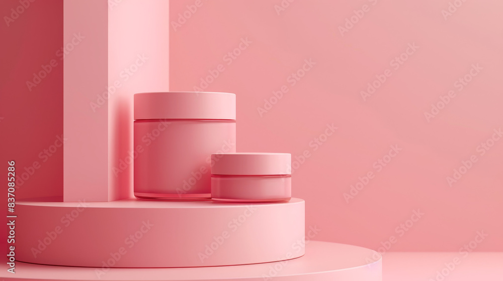 Two pink containers are on a pink platform Two pink containers are on a pink platform