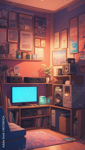 Relaxing lo-fi atmosphere in a room adorned with stylish anime and manga-inspired wallpaper, perfect for chilling to hip-hop beats. photo