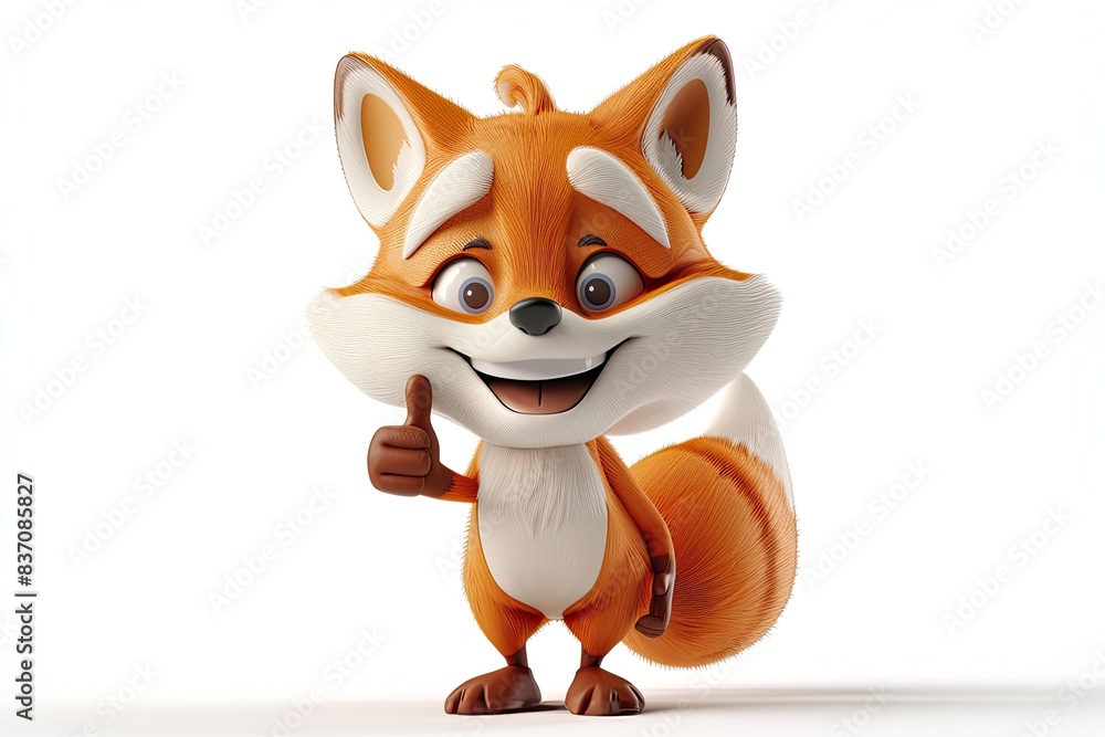 3D bell Fox mascot, smiling, showing thumb's up, with two legs, isolated on white 3D bell Fox mascot, smiling, showing thumb's up, with two legs, isolated on white