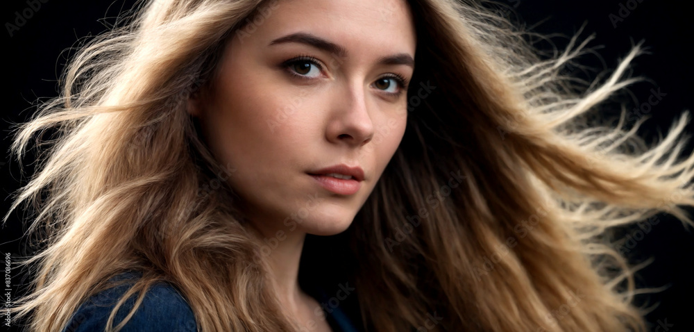 Obraz premium Woman with wind blowing through her hair, Healthy hairstyle