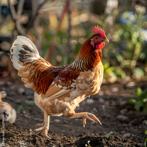 Vibrant domestic chicken with brown and white feathers captured midstride while running in a sunny yard