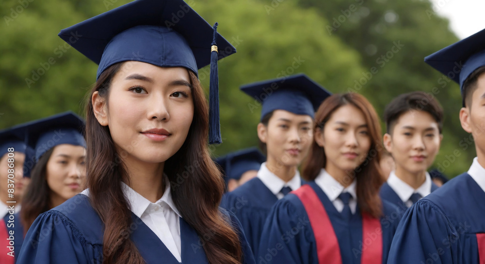 Graduates posing university graduation ceremony Graduates posing university graduation ceremony