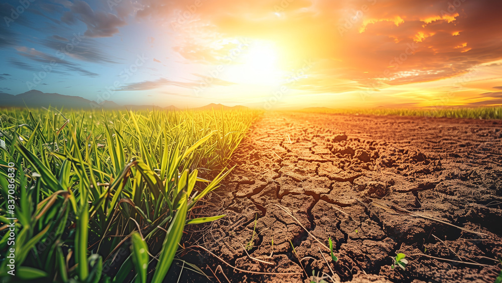 Climate change concept, landscape with grass and dry ground Stock