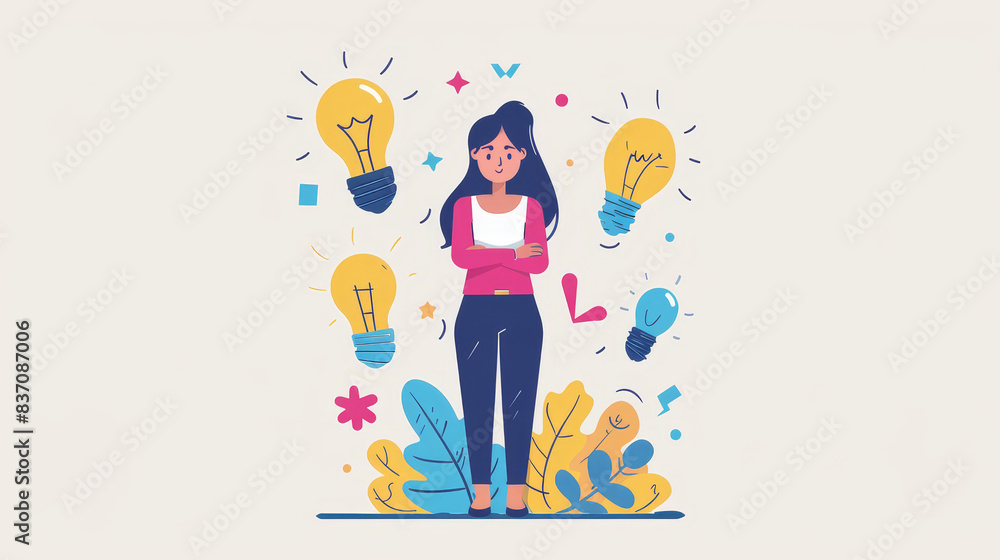 Creative illustration of a woman surrounded by light bulbs representing ideas, standing confidently with plants and symbols around her. Creative illustration of a woman surrounded by light bulbs representing ideas, standing confidently with plants and symbols around her.
