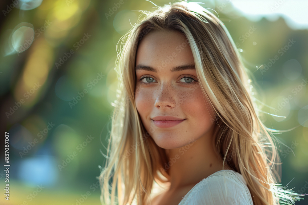 Naklejka premium Portrait of Smiling Young Woman Outdoors in Natural Light