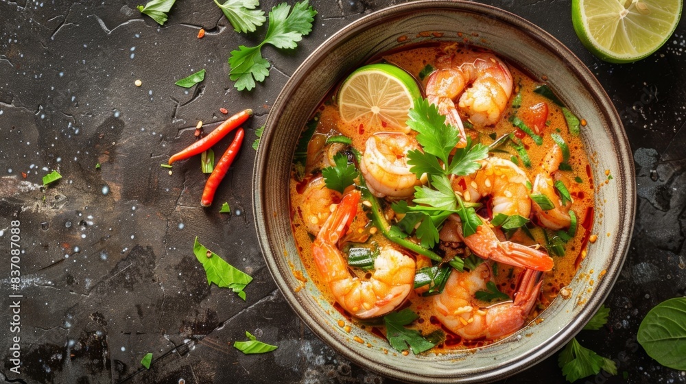 Appetizing tom yum kung with shrimp, lime leaves, and herbs, beautifully presented in a bowl, capturing the flavors of Thai cuisine Appetizing tom yum kung with shrimp, lime leaves, and herbs, beautifully presented in a bowl, capturing the flavors of Thai cuisine