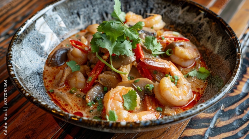 Appetizing tom yum kung with shrimp, lime leaves, and herbs, beautifully presented in a bowl, capturing the flavors of Thai cuisine Appetizing tom yum kung with shrimp, lime leaves, and herbs, beautifully presented in a bowl, capturing the flavors of Thai cuisine