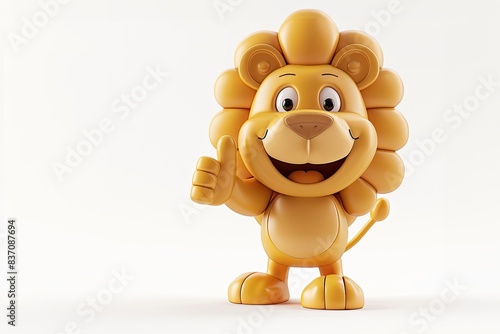 3D bell Lion mascot, smiling, showing thumb's up, with two legs, isolated on white