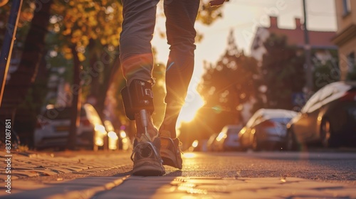 athlete man with prosthetic leg walking outdoor, close up at disabled young man with prosthetic leg walking along the street, prostheses standing, one way to win is to be yourself, generate by AI..