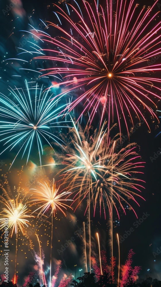 Spectacular fireworks show against a dark night sky, dazzling with vibrant colors and shapes. Spectacular fireworks show against a dark night sky, dazzling with vibrant colors and shapes.