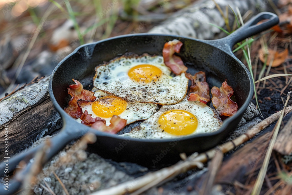 Camping breakfast with bacon and eggs in a cast iron skillet Fried eggs in the forest Food at the camp Picnic Camping breakfast with bacon and eggs in a cast iron skillet Fried eggs in the forest Food at the camp Picnic