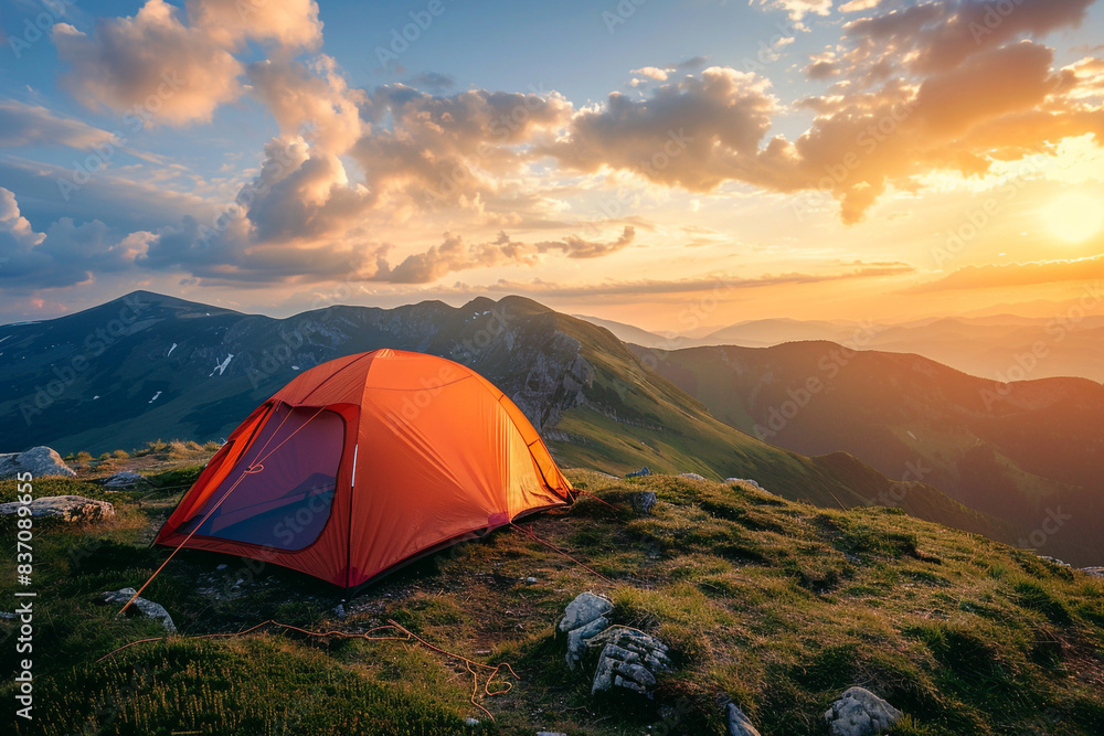 camping tent high in the mountains at sunset banner with copy space camping tent high in the mountains at sunset banner with copy space