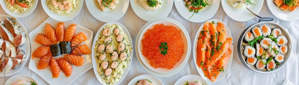 A variety of salmon dishes displayed on a buffet table, seafood feast theme, top view, abundant and inviting, futuristic tone, colored pastel A variety of salmon dishes displayed on a buffet table, seafood feast theme, top view, abundant and inviting, futuristic tone, colored pastel