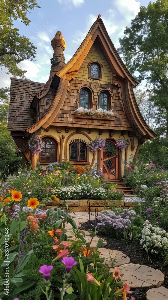 Whimsical, storybook house with a steeply pitched roof and colorful flower gardens generated by AI Whimsical, storybook house with a steeply pitched roof and colorful flower gardens generated by AI