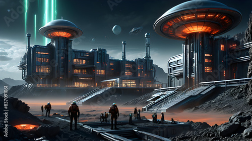 A vibrant city night with spaceships and UFOs flying overhead, accompanied by various military and transportation vehicles