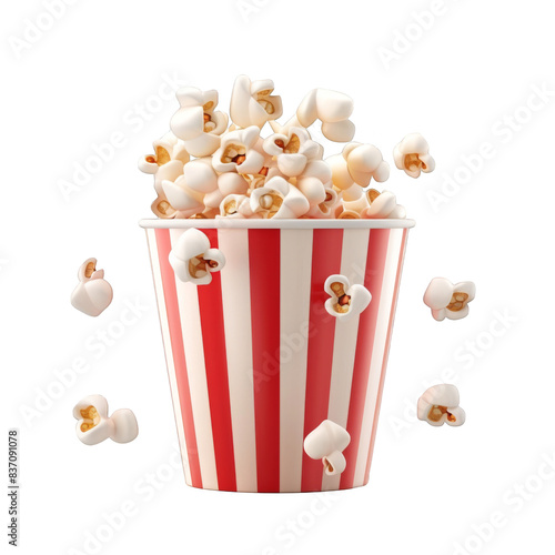 3D cartoon popcorn in red and white box, inviting and delightful isolated on transparent background cutout png
