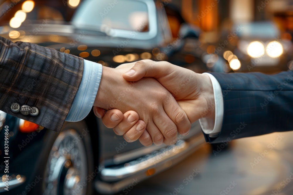 Buyer and seller shaking hands near the car Buyer and seller shaking hands near the car