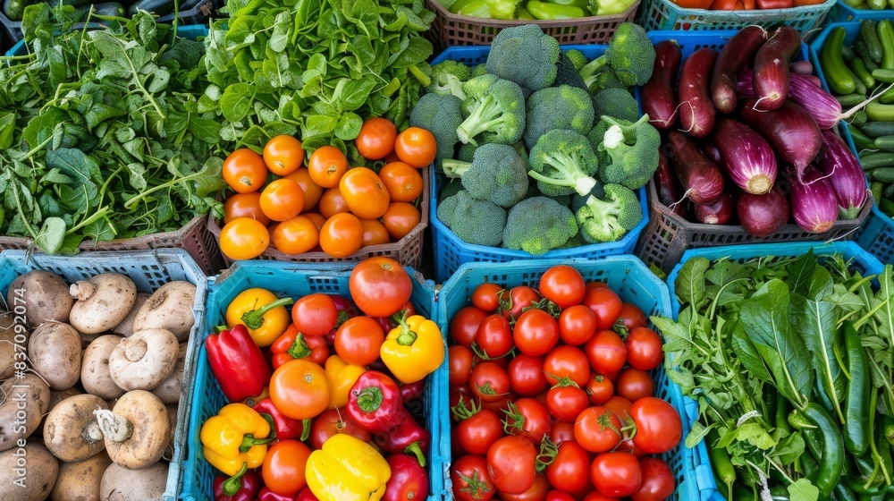 A vibrant farmers market stand overflowing with fresh vegetables, healthy eating theme, top view, colorful and abundant, advanced tone, vivid colors A vibrant farmers market stand overflowing with fresh vegetables, healthy eating theme, top view, colorful and abundant, advanced tone, vivid colors
