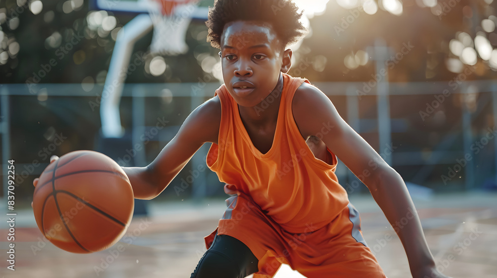 A dark-skinned teenager masterfully plays basketball. Sportsman dribbling a basketball on a training block