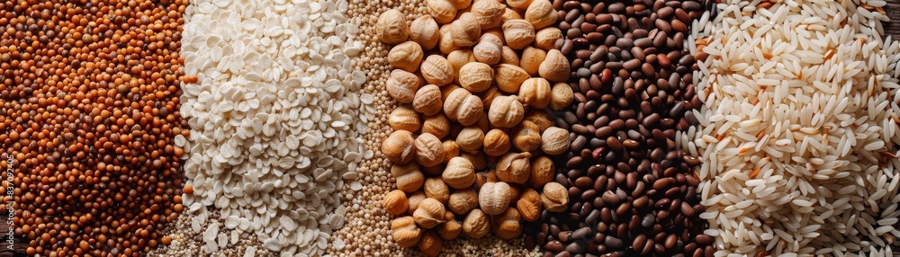 A closeup of various whole grains and legumes, fiberrich foods theme, front view, textured and nutritious, technology tone, monochromatic color scheme A closeup of various whole grains and legumes, fiberrich foods theme, front view, textured and nutritious, technology tone, monochromatic color scheme