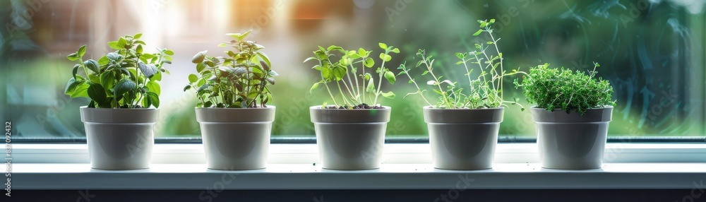 A window sill filled with small herb pots, culinary theme, front view, fresh and aromatic, technology tone, monochromatic color scheme A window sill filled with small herb pots, culinary theme, front view, fresh and aromatic, technology tone, monochromatic color scheme