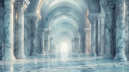 A grand marble hall bathed in ethereal light with towering columns and arched ceilings, creating a majestic and serene atmosphere.