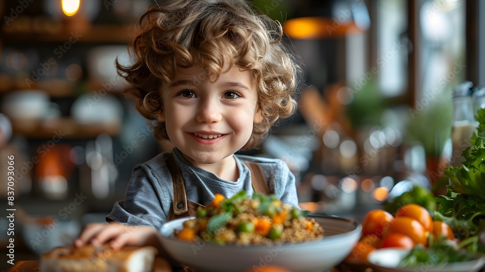 A parent serving a healthy dinner to a child, featuring quinoa, steamed vegetables, and lean protein A parent serving a healthy dinner to a child, featuring quinoa, steamed vegetables, and lean protein