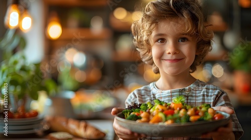 A parent serving a healthy dinner to a child, featuring quinoa, steamed vegetables, and lean protein photo
