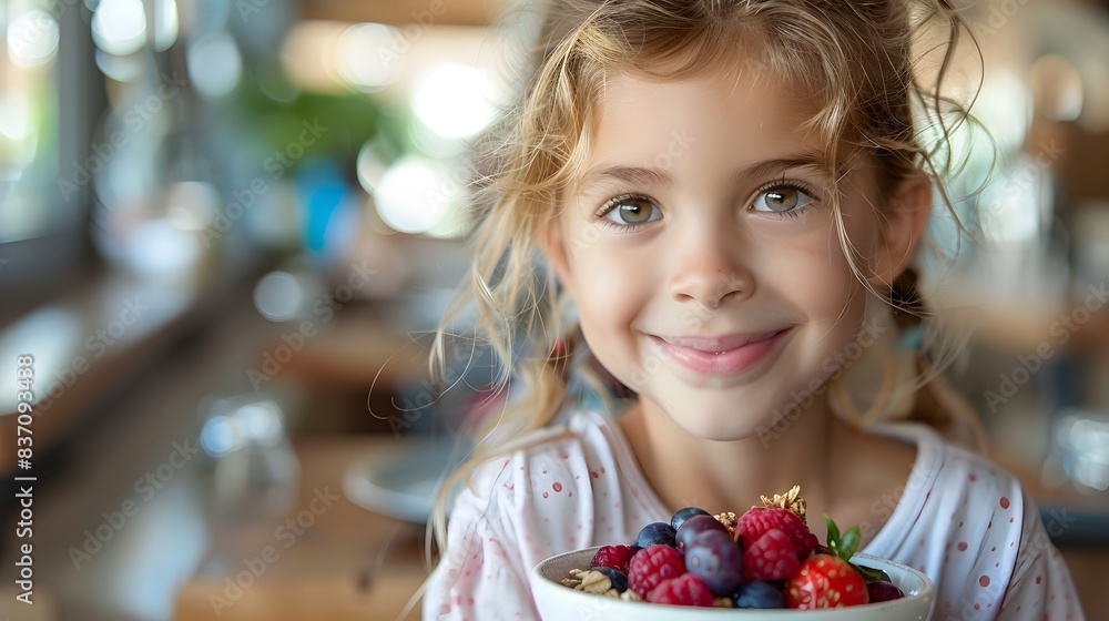 A smiling child enjoying a bowl of yogurt topped with fresh berries and granola A smiling child enjoying a bowl of yogurt topped with fresh berries and granola